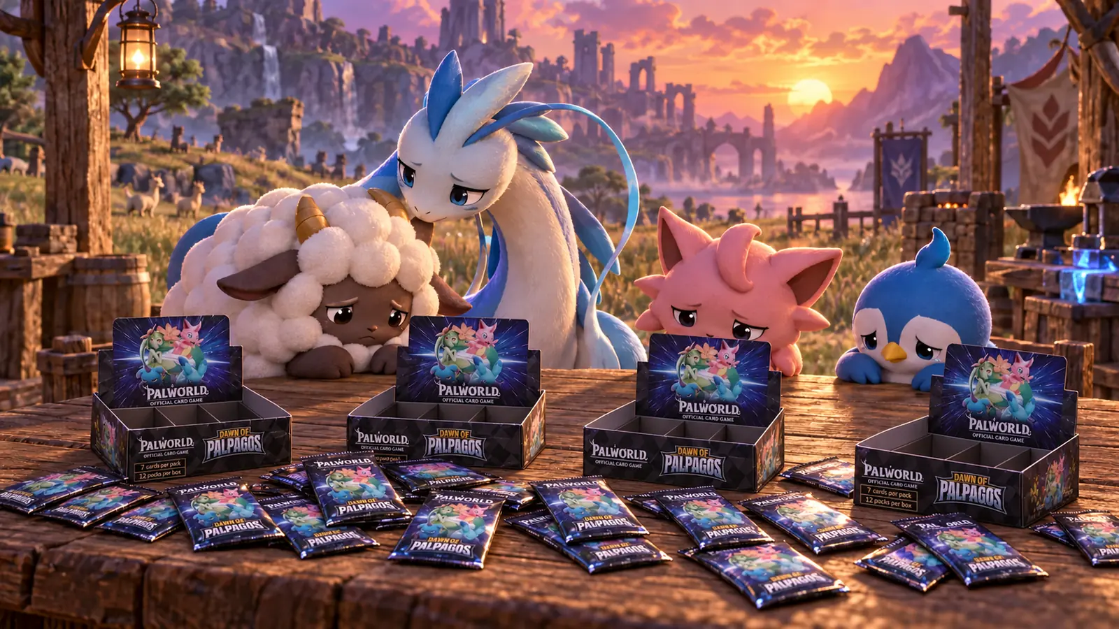 Sad Pal companions gathered around opened Dawn of Palpagos booster displays and loose packs
