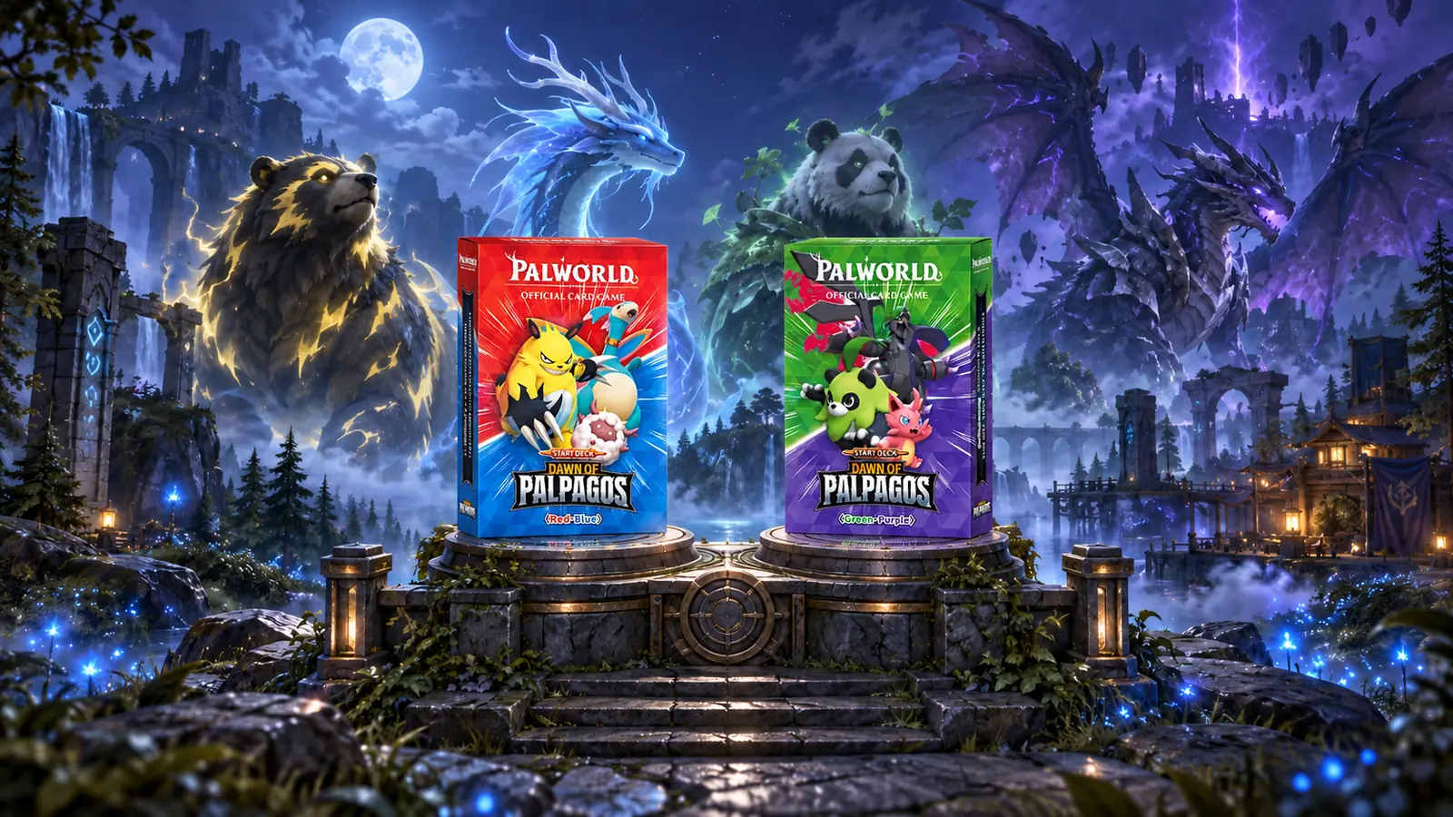 Red–Blue and Green–Purple trial decks displayed beneath four elusive Pal silhouettes